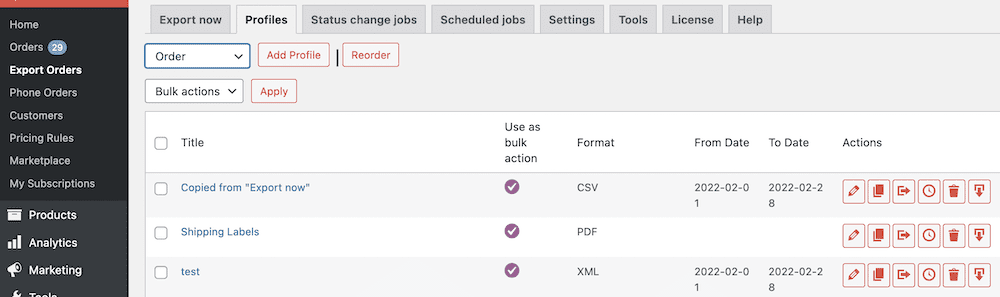 De Export Profiles sectie van de plugin.