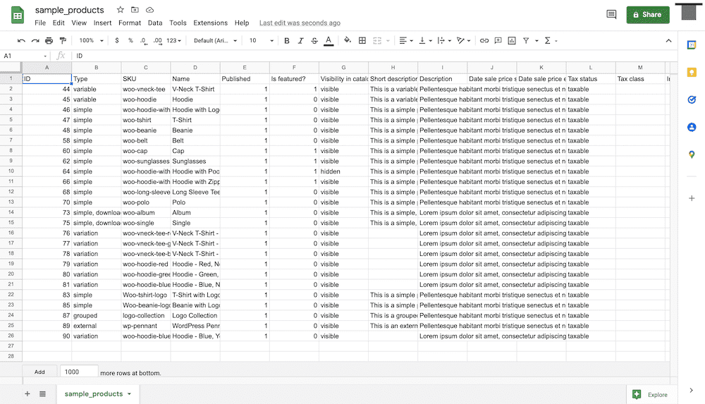 Schermata di un foglio di Google Fogli che mostra un elenco di prodotti esportati da un database.