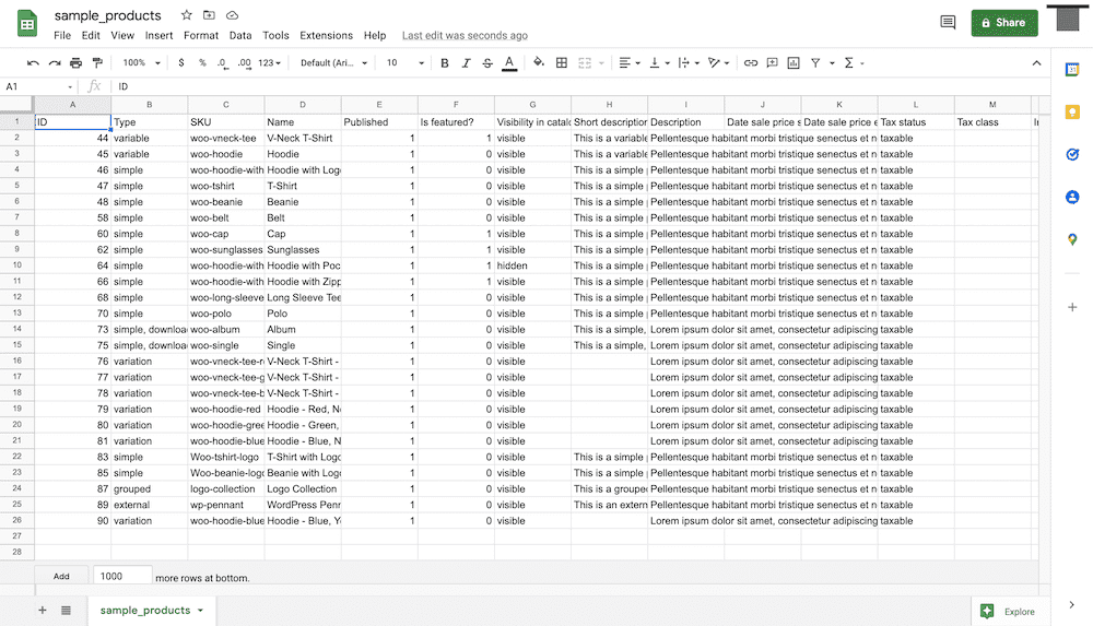 Ein Tabellenblatt mit einer Liste von Produkten aus einem WooCommerce-Shop.