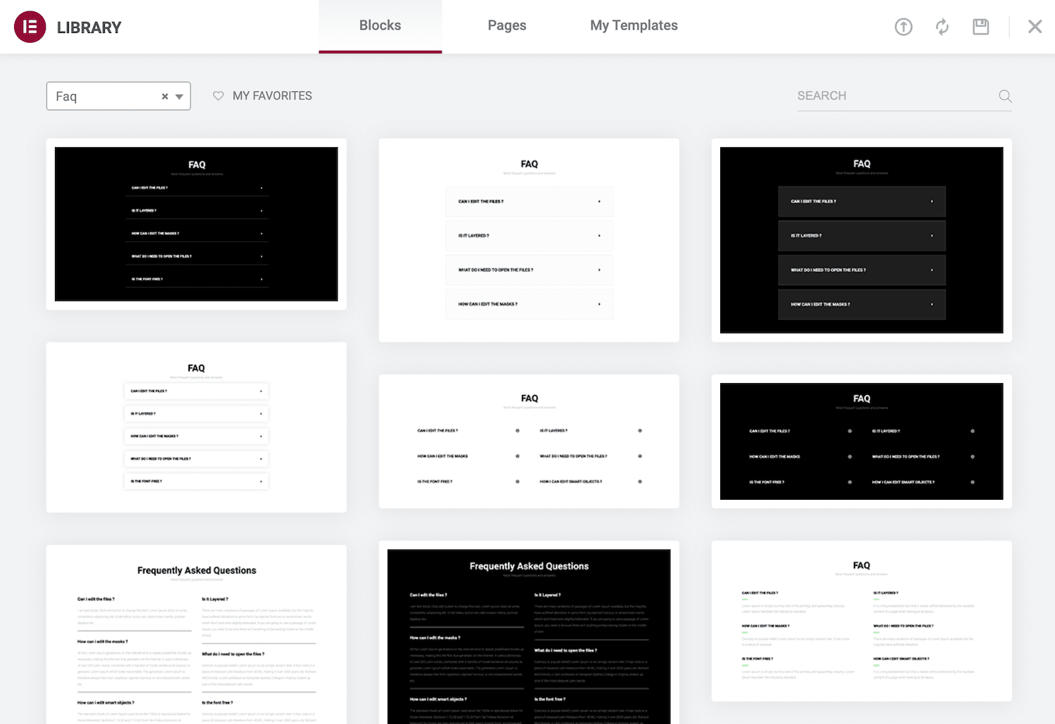 Anteprima della libreria Elementor con i blocchi per le domande frequenti FAQ