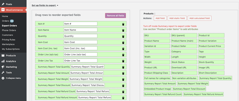 La liste des champs à exporter dans WordPress.