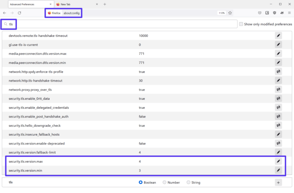 How to change TLS version in Firefox.