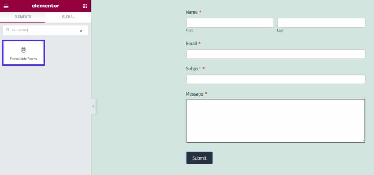 Selecting the Formidable Forms widget in Elementor.