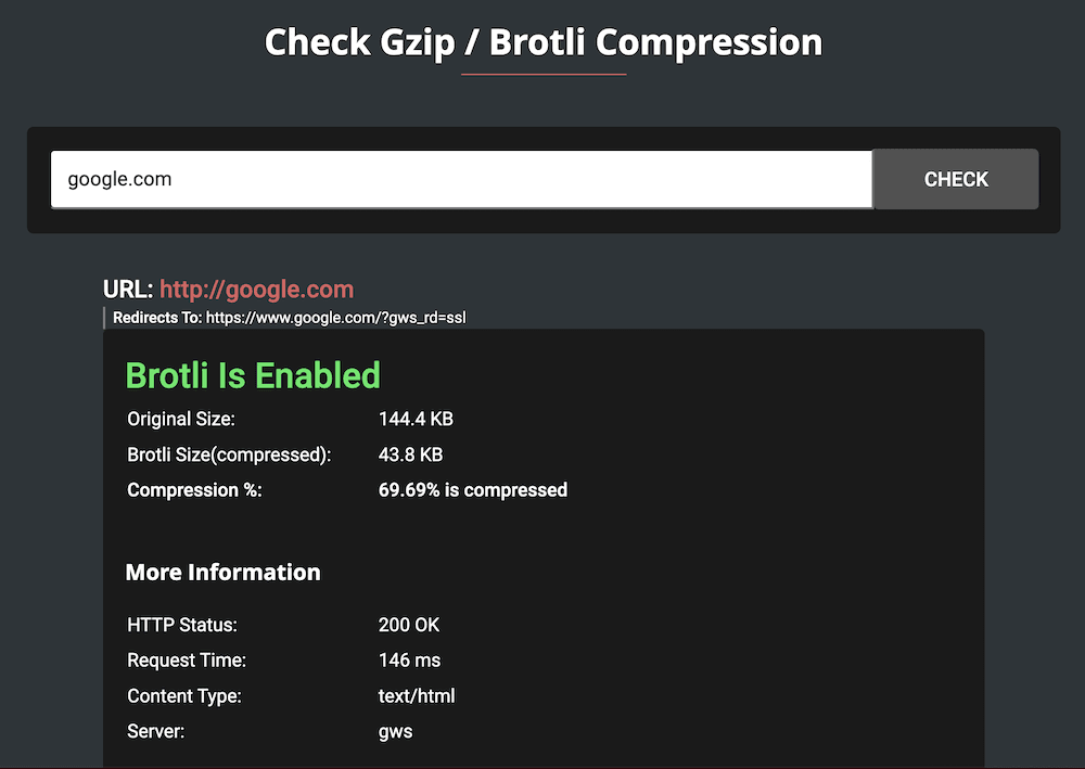 Lo strumento Gift Of Speed mostra che il sito di Google usa la compressione Brotli e mostra metriche come la dimensione della pagina, la percentuale di compressione, e i dati sullo stato HTTP del sito.