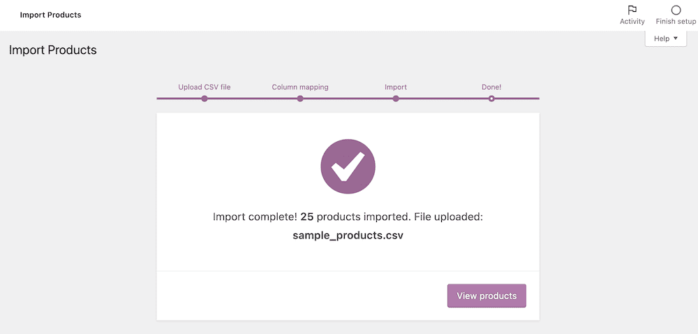 Het WooCommerce Import Complete scherm.