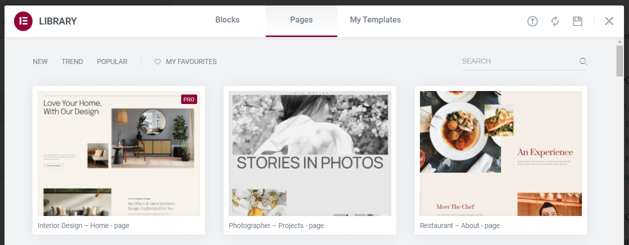 Elige una página o una plantilla de la biblioteca de Elementor