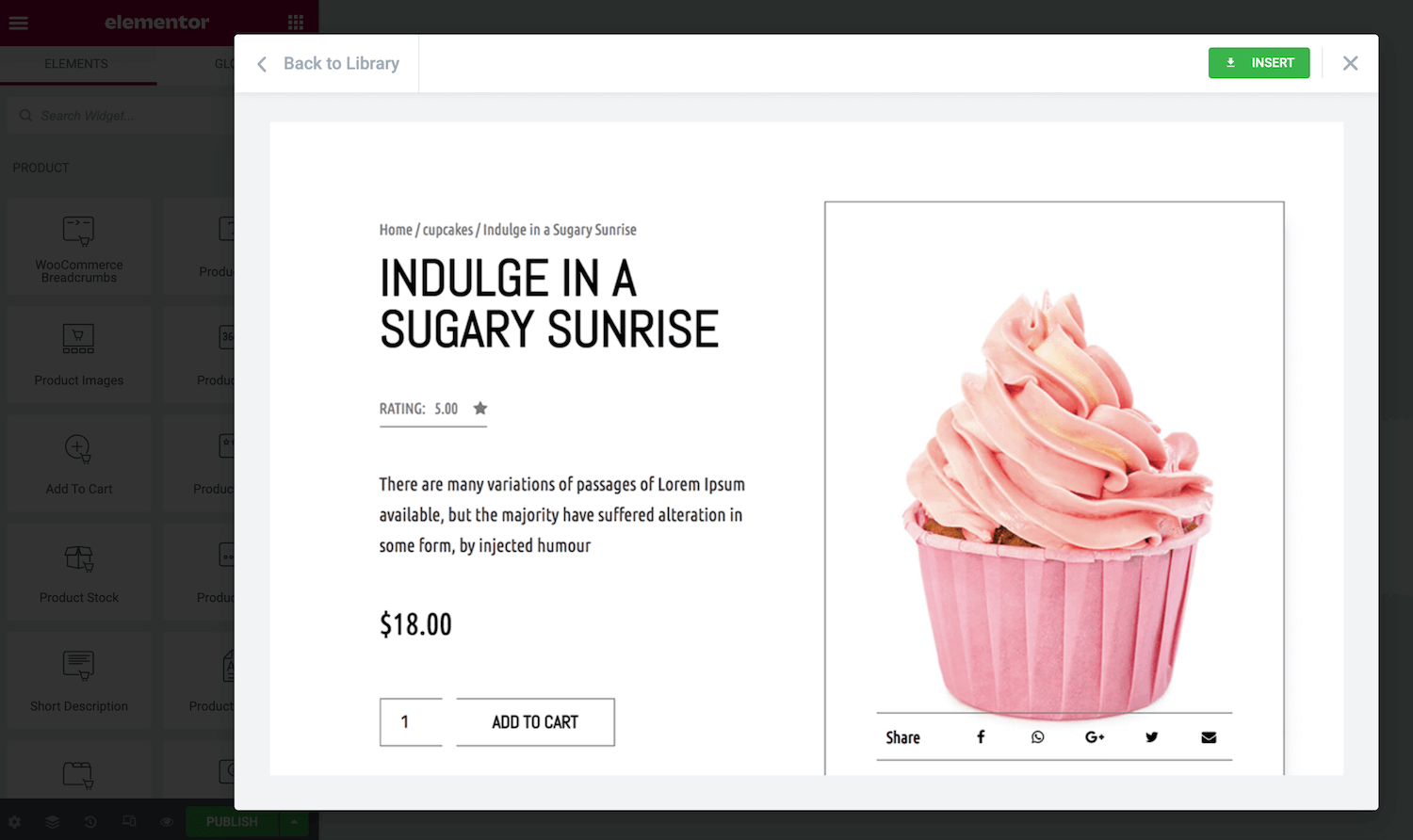 Demo di un template di prodotto singolo con un cupcake rosa come protagonista