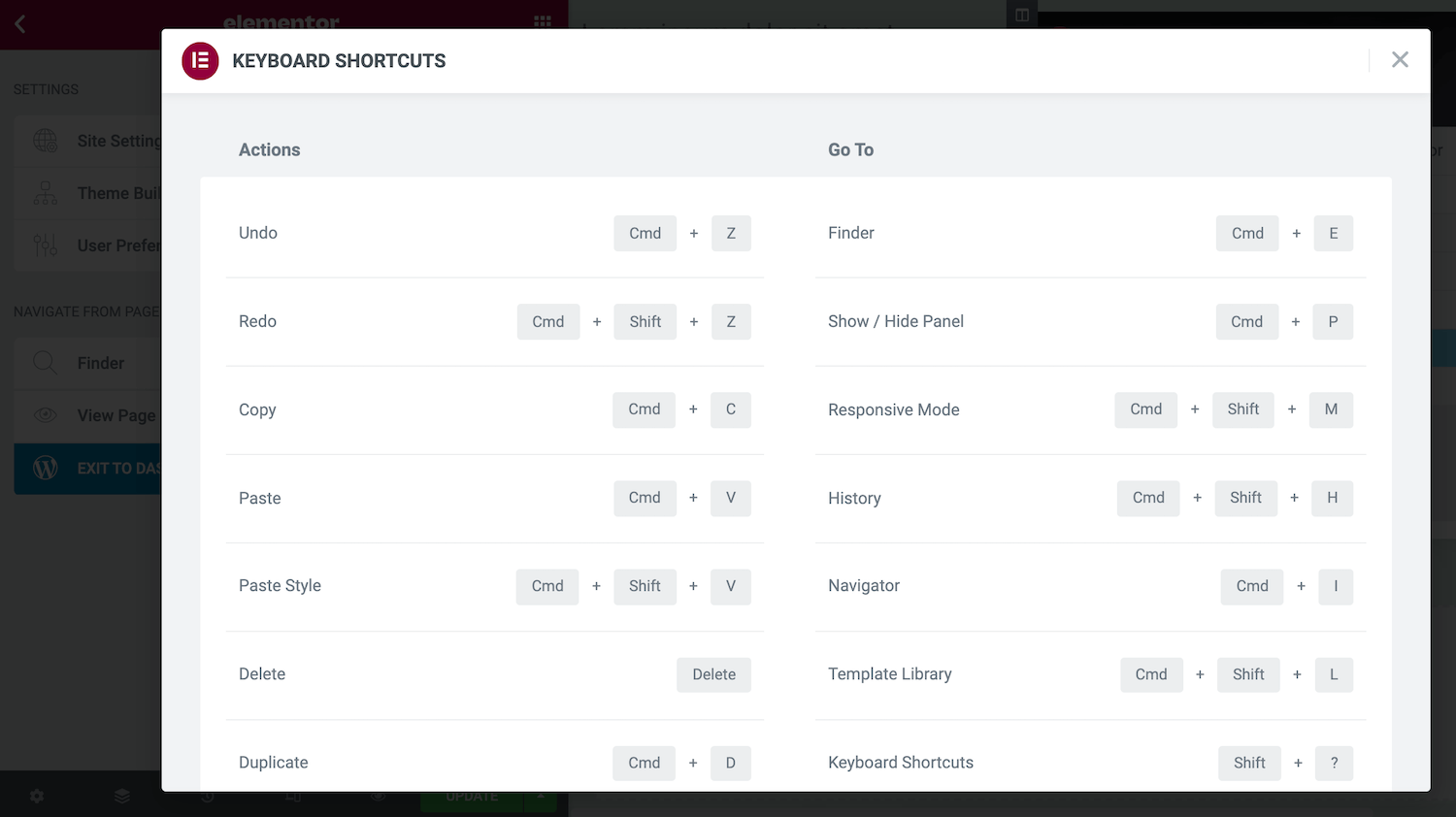 Raccourcis clavier d'Elementor