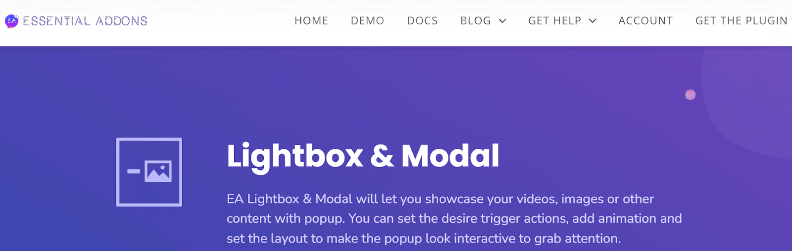 Homepage del plugin Lightbox & Modal (Essential Addons for Elementor)