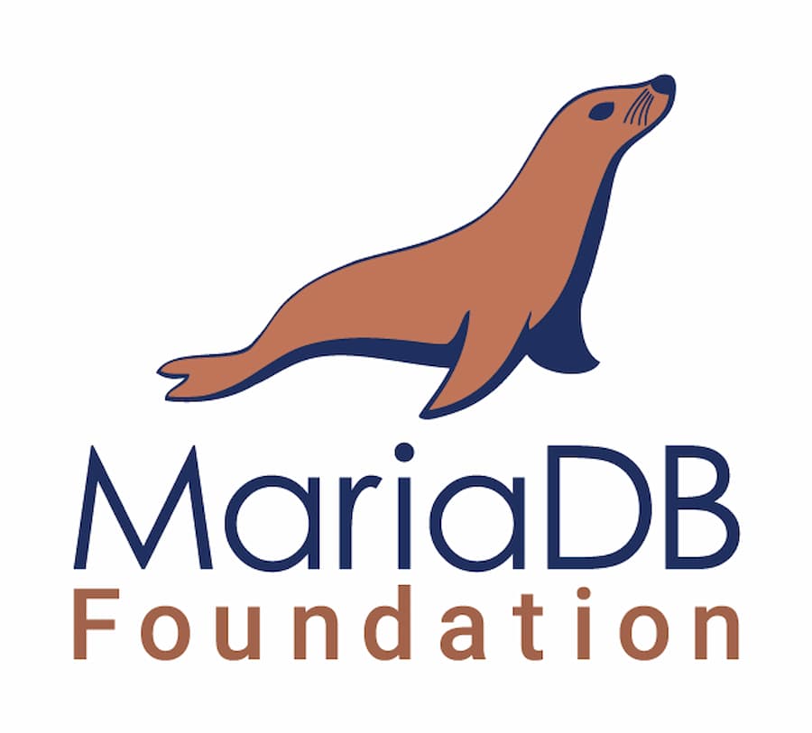 MariaDB-logoet, der viser teksten nedenfor en stiliseret brun søløve med blå skitsering.