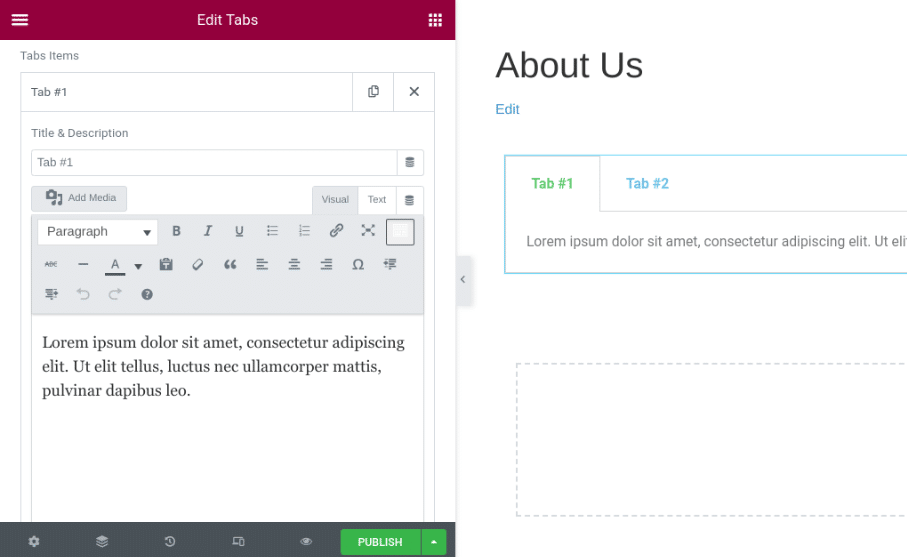 Scherma di Elementor con la sezione Edit Tabs per modificare le schede come volete