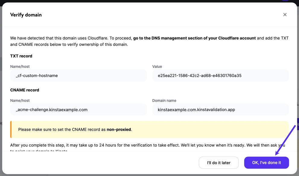 Click the OK, I’ve done it button in MyKinsta for the second set of DNS records. Haz clic en el botón Aceptar, ya lo he hecho en MyKinsta para el segundo conjunto de registros DNS.