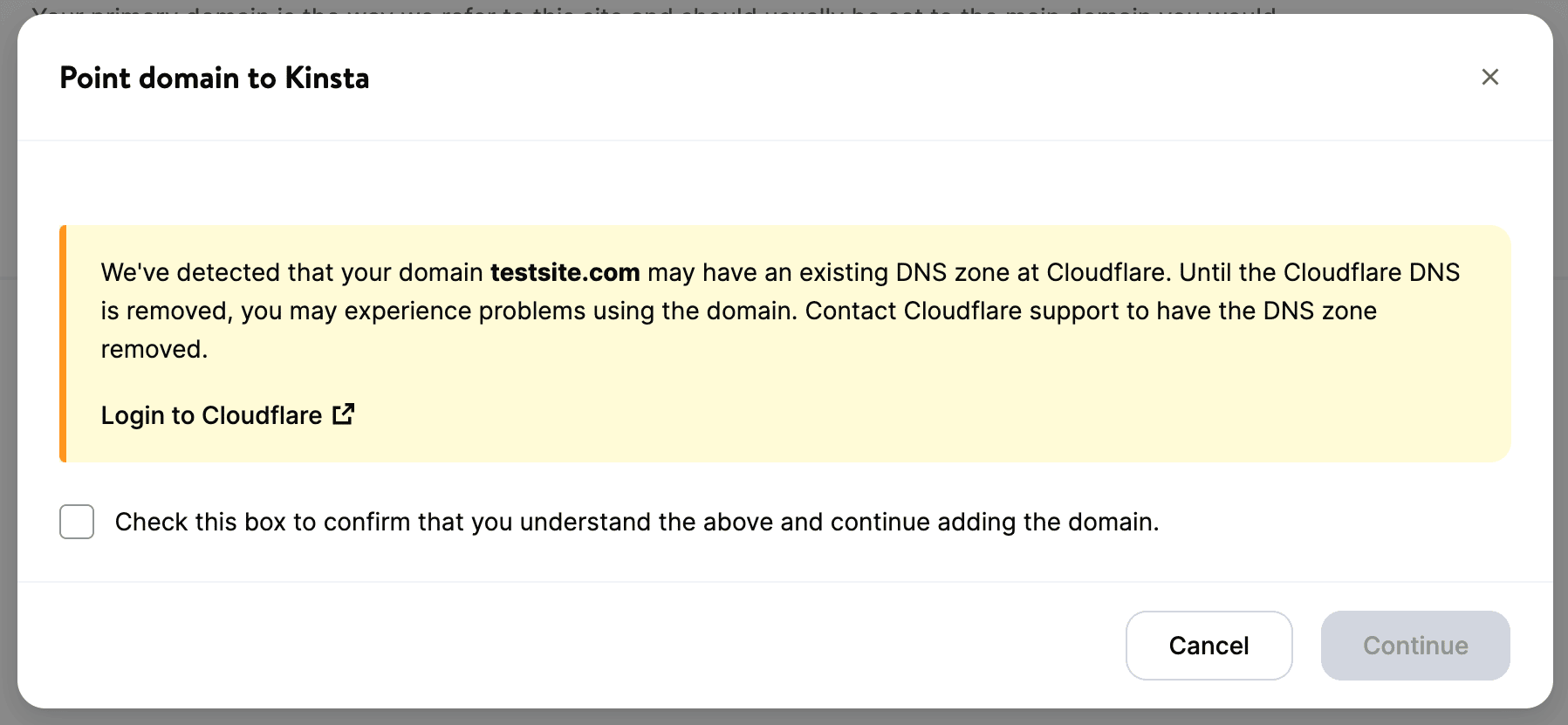 Warning in MyKinsta that the domain may have an existing DNS zone at Cloudflare.