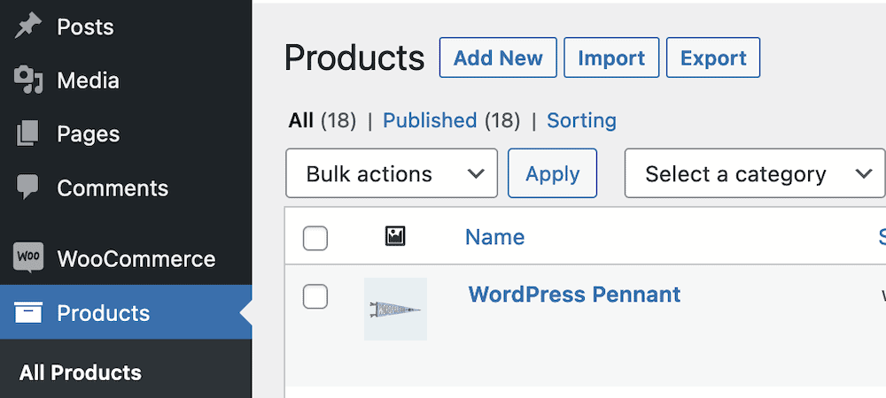 La pantalla de productos de WordPress, mostrando los botones "Añadir nuevo", "Importar" y "Exportar".