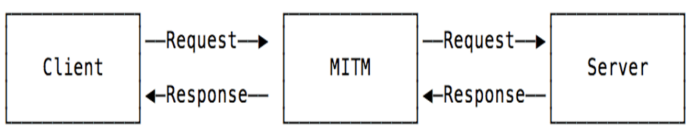 Ein Flussdiagramm, das einen Node.js-Machine-in-the-Middle-Angriff zeigt, bei dem ein Client einen MITM-Angriff durchführt, der dann zum Server führt