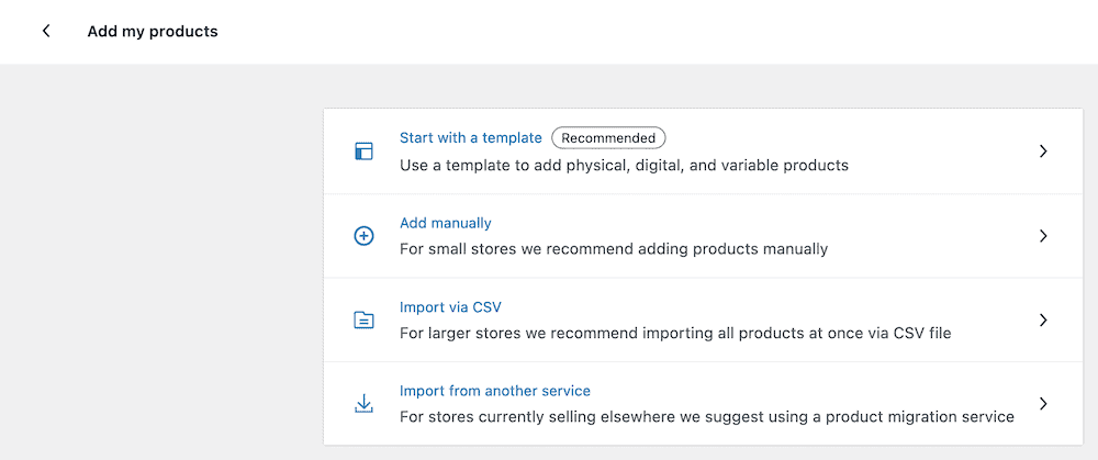 El Asistente de Inicio de WooCommerce, mostrando cuatro opciones, incluyendo un enlace "Importar vía CSV".