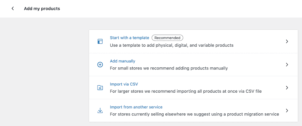 L’Onboarding Wizard di WooCommerce mostra 4 opzioni, tra cui un link "Importa via CSV"..