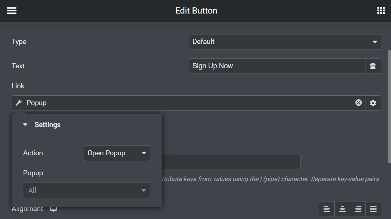 Schermata Edit Button, opzione Link: il menu a discesa mostra le impostazioni Action e Popup