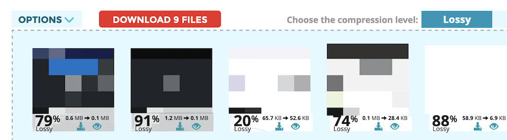 Das ShortPixel Bildoptimierungs-Tool zeigt eine Reihe von Miniaturbildern mit Vor- und Nachwerten für die Datenkompression. Es gibt einen roten Button, mit dem du die Bilder als ZIP-Datei herunterladen kannst.