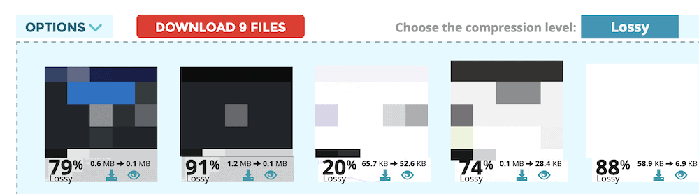 An image optimizer tool showing a number of image thumbnails with pre- and post-values for data compression. There's a red button to let the user download the images as a ZIP file.