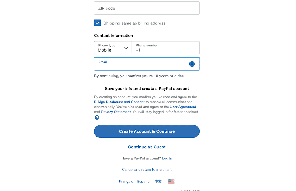 Die PayPal-Kassenseite mit Feldern für die Postleitzahl, die Handynummer und die E-Mail-Adresse. Es gibt Informationen zur Offenlegung und Links sowie eine blaue Schaltfläche, um ein Konto zu erstellen und mit der Kasse fortzufahren.
