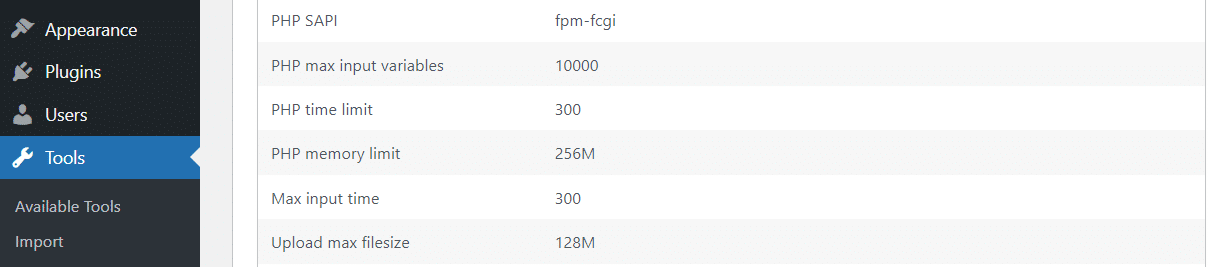 Schermata della sezione Strumenti della Salute del sito nel backend WordPress: sono evidenziati i dati relativi al PHP