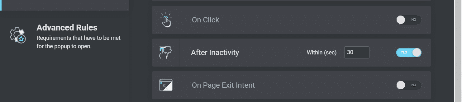 Schermata del menu Advanced Rules, opzione After Inactivity attivata e impostata su 30 secondi
