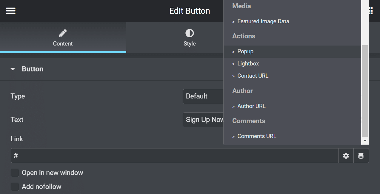 Select the popup action for your button