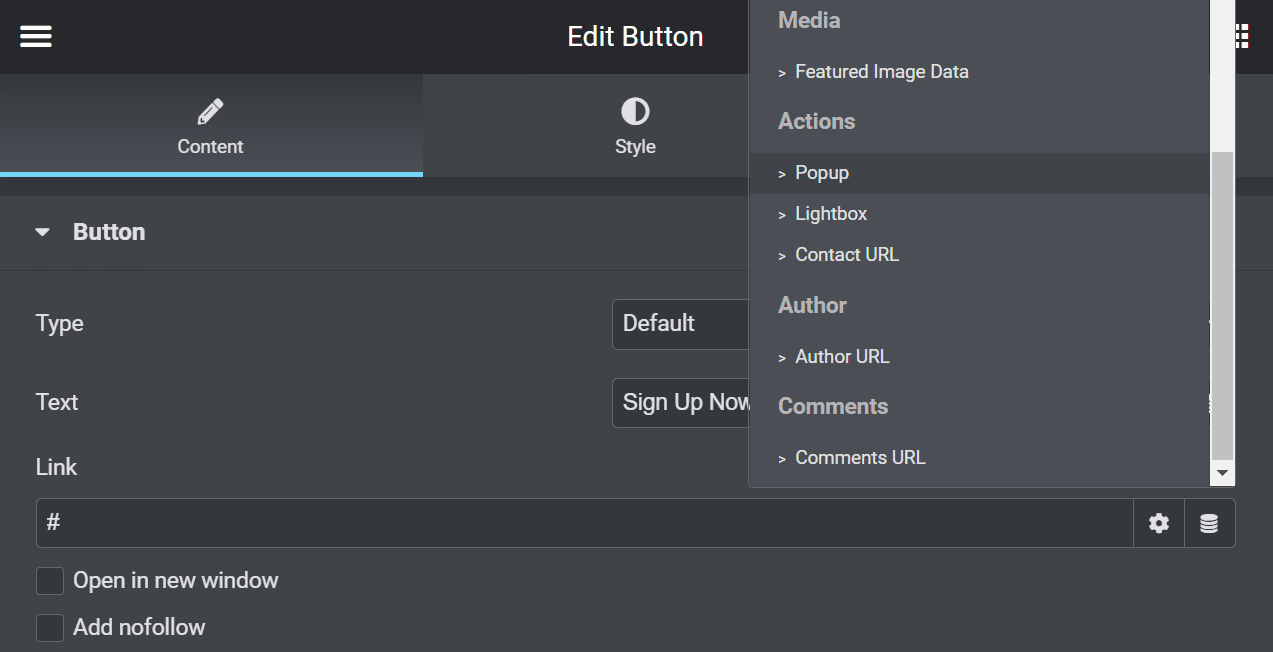 Schermata Edit Button, area Content: il menu a tendina mostra la voce Actions, Popup