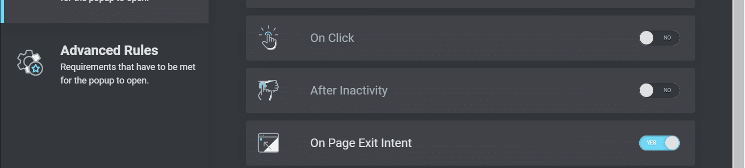 Schermata del menu Advanced Rules, opzione On Page Exit Intent attivata