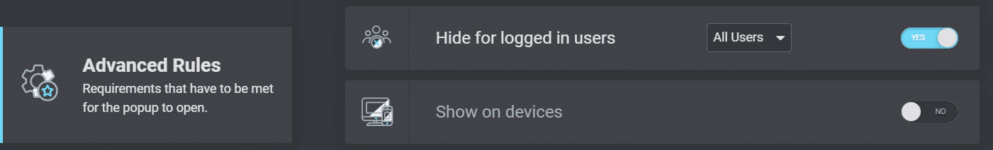 Schermata Advanced Rules dove è attivata l’opzione Hide for logged in users