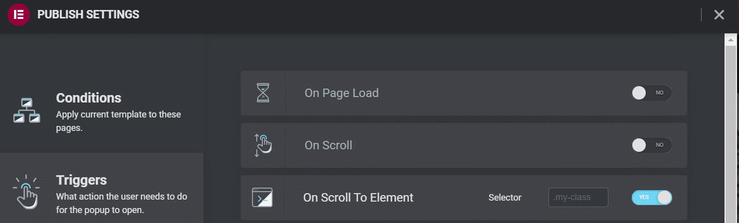 Schermata Publish Settings, menu Triggers, con l’opzione On Scroll To Element attivata