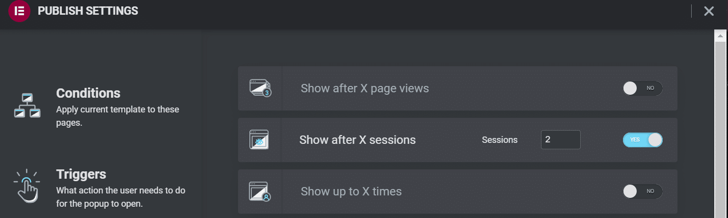 Schermata Publish Settings e l’opzione Show after X sessions impostata su 2