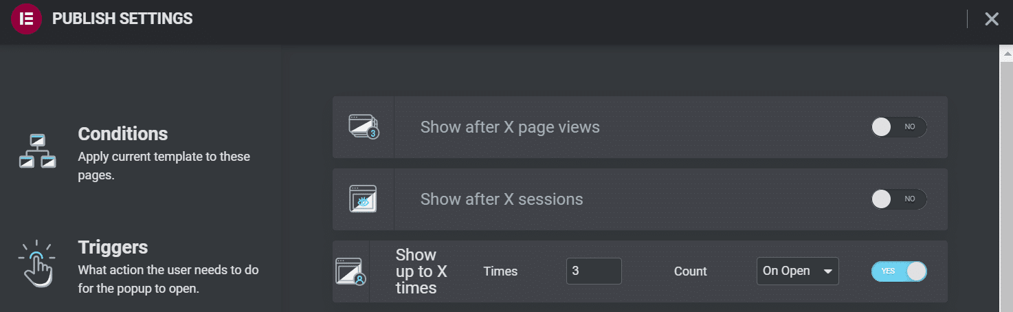 Schermata Publish Settings e l’opzione Show up to X times impostata su 3
