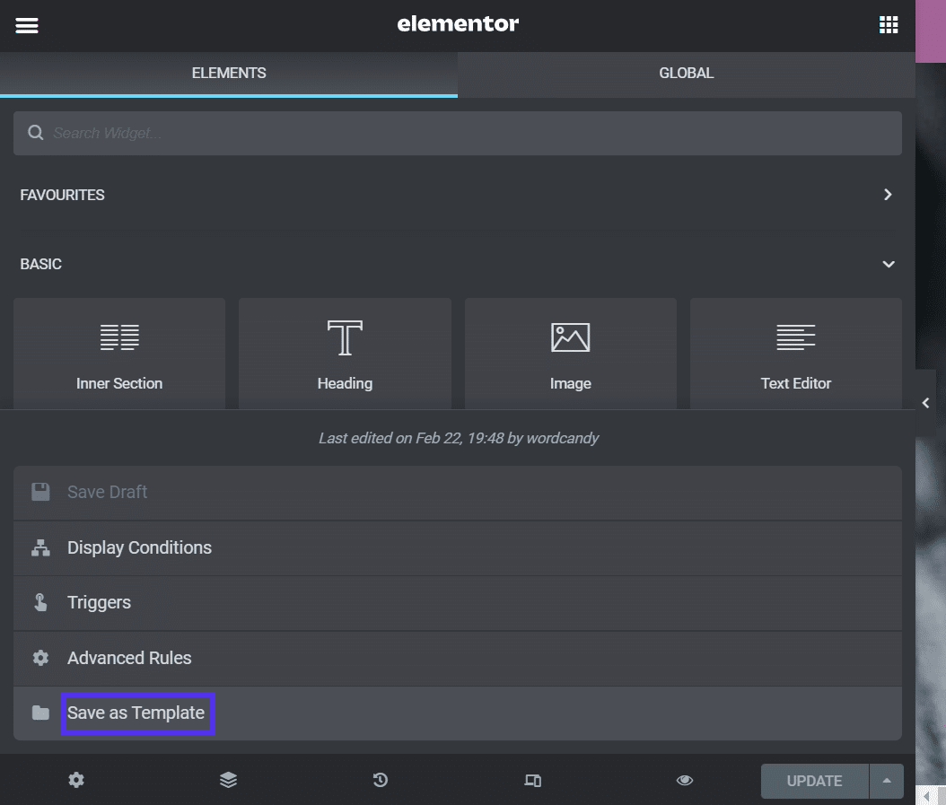 Schermata Elements, dal menu scegliere Save as Template