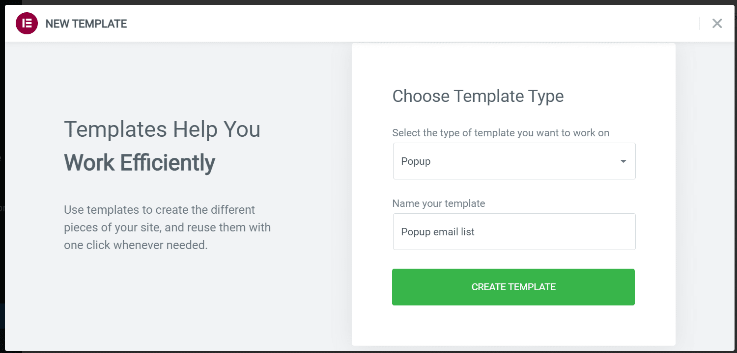  Geef je popuptemplate een naam en klik op “Create”