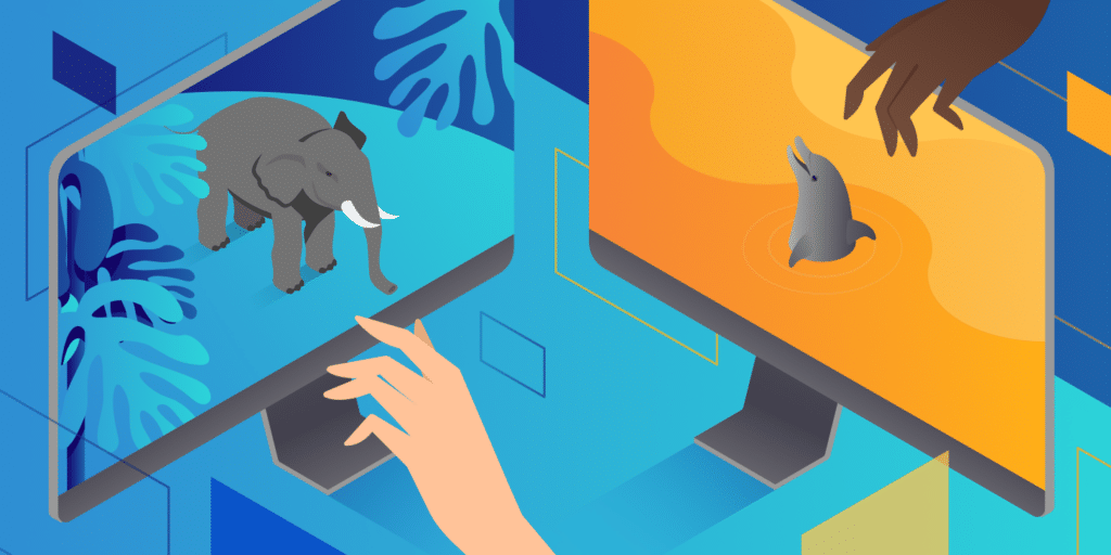 An illustration of two computer screens facing each other, the left showing PostgreSQL's logo and the right showing MySQL's logo.