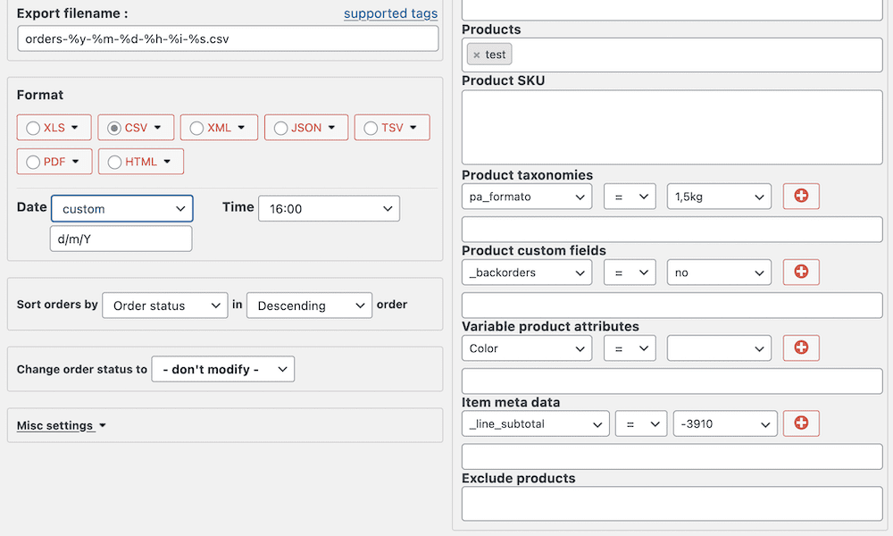 The Export Order dialog, showing a list of filters and range values, along with format output options, and custom date settings.