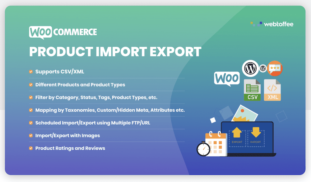 Ein grün-blaues Panel für das Product Import Export Plugin, das einige der Hauptmerkmale auflistet und ein WooCommerce-Logo enthält.