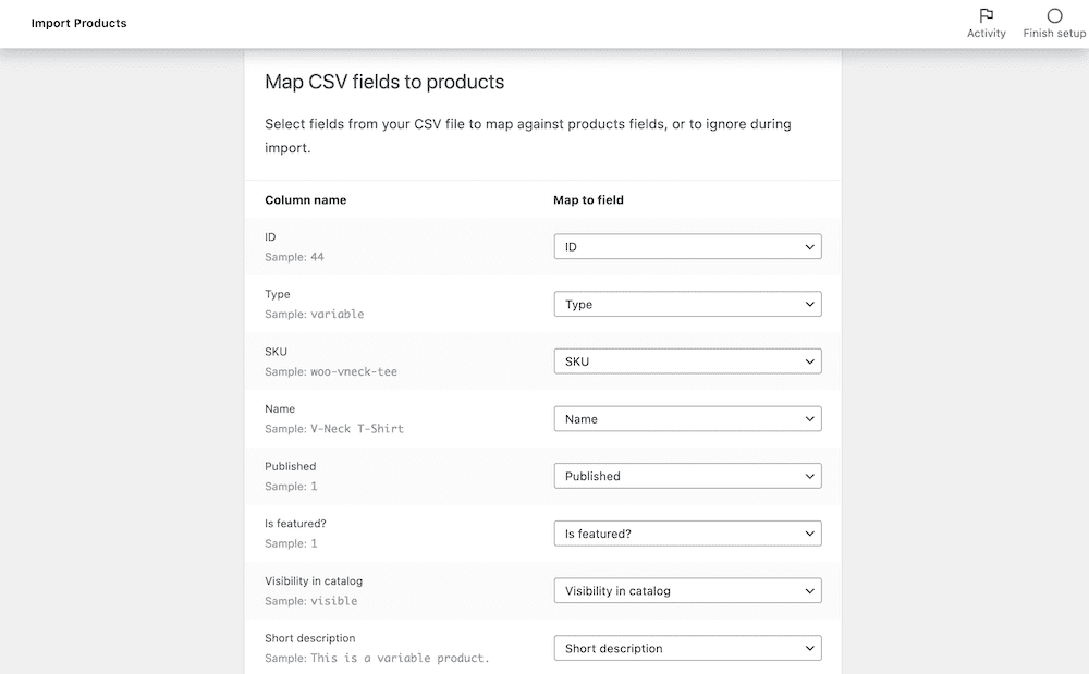 The WooCommerce Column Mapping screen, showing spreadsheet values on the left, and drop-down menus relating to WooCommerce fields on the right.