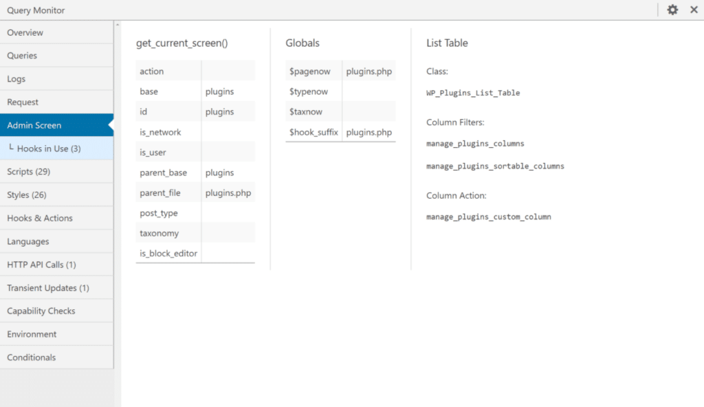 La scheda Admin Screen del plugin Query Monitor.