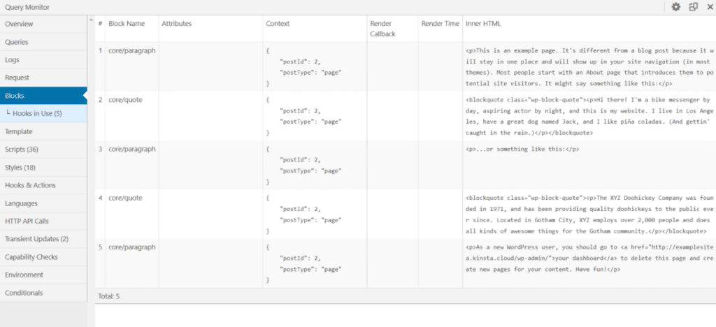 La scheda principale Blocks del plugin Query Monitor.