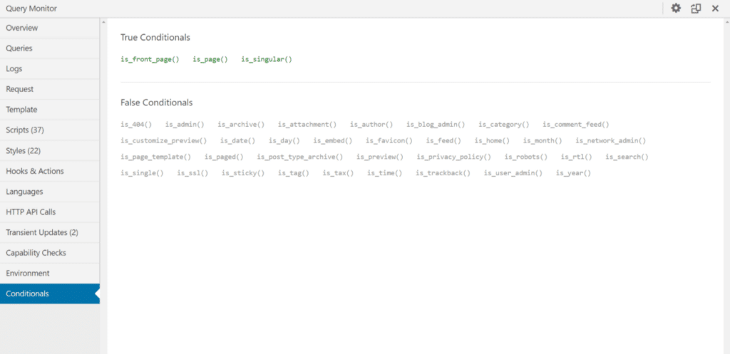 La scheda Conditionals del plugin Query Monitor.