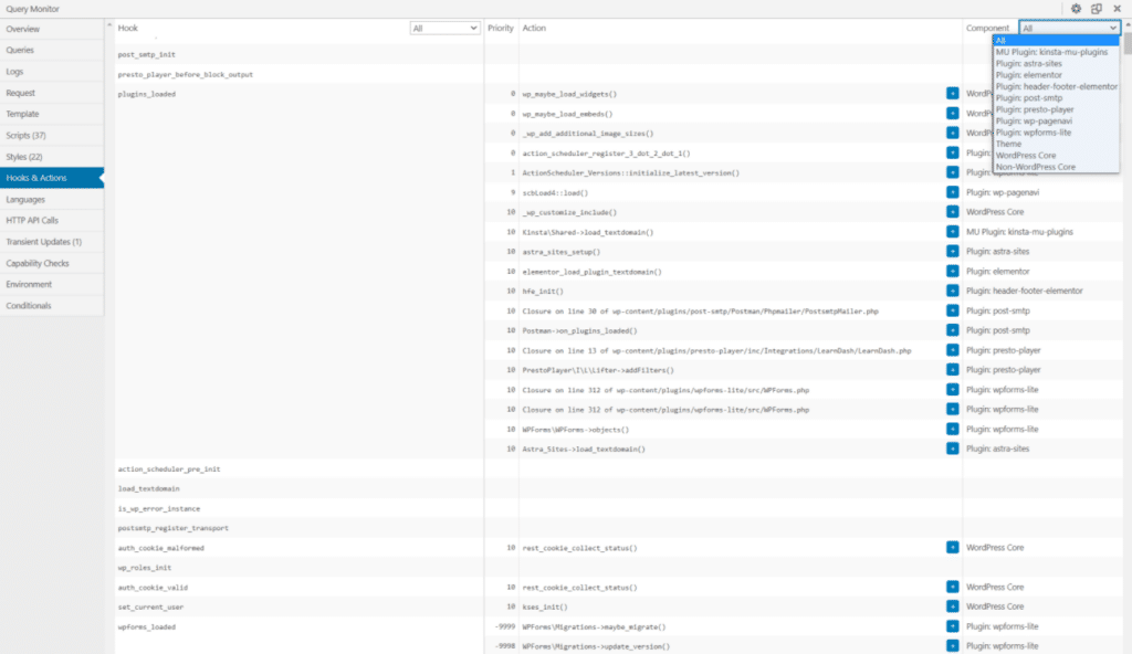 La schermata Hooks and Actions del plugin Query Monitor.