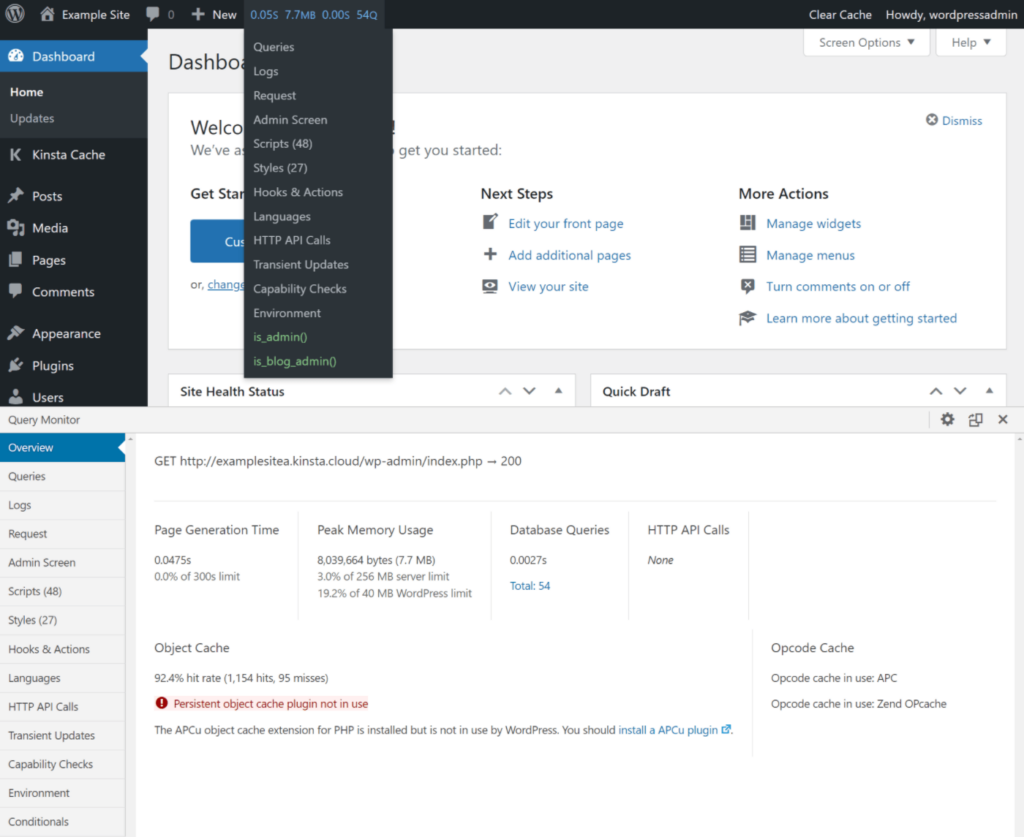 Il backend di WordPress e l’interfaccia di Query Monitor.