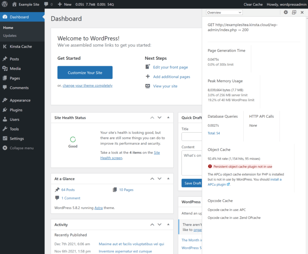 Il backend di WordPress e l’interfaccia di Query Monitor in modalità barra laterale.