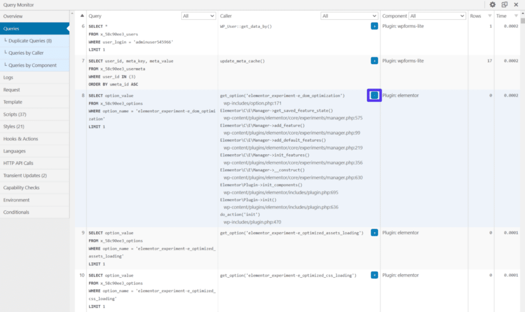 La scheda principale Queries con l’opzione per espandere i dettagli della query.