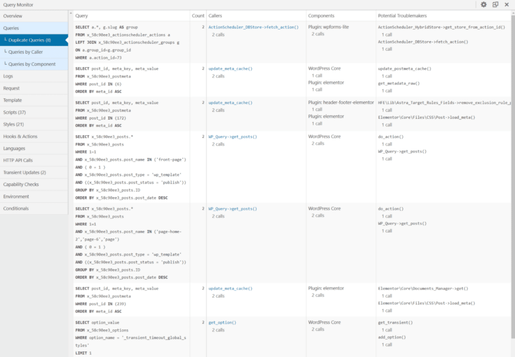 La scheda principale Queries con l’opzione per vedere una lista di query duplicate.