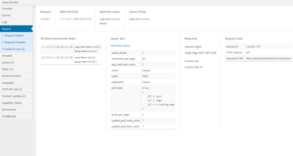 La scheda Request del plugin Query Monitor.