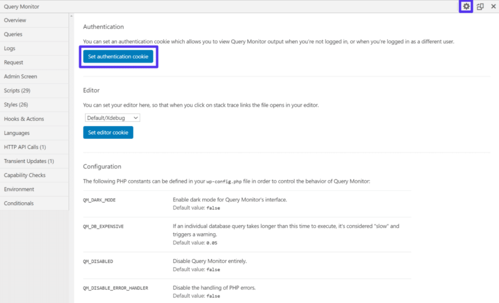 Scheda Authentication nel plugin Query Monitor, con il pulsante per impostare il cookie di autenticazione.